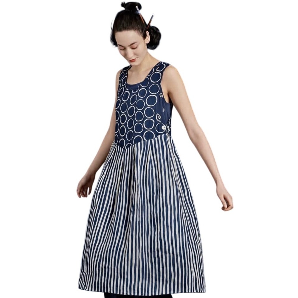 Gudrun‎ Sjödén Midi Dress Pinafore Mixed Print Circle Stripe Navy White Medium